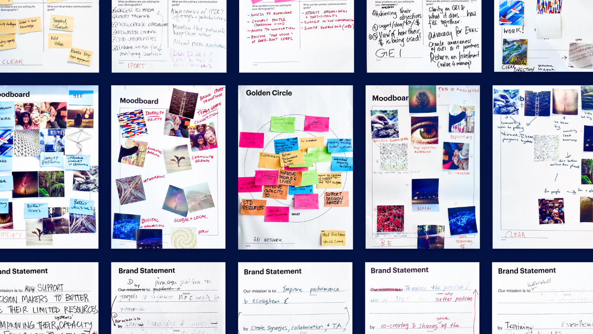 At GEI's rebranding workshop, participants produced mood boards and brand statements signifying their vision of GEI's mission and vision.
